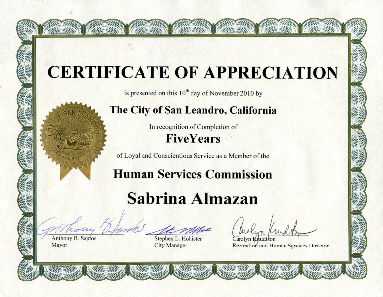 certificate of appreciation city of sl hsc 5yrs nov 2010