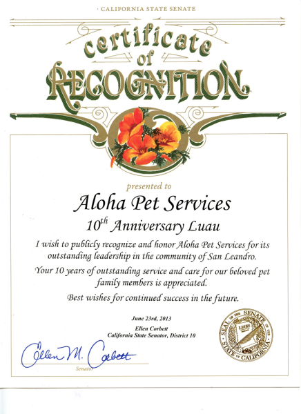 10th Anniversary Luau Californiat State Senate Certificate of Recognition