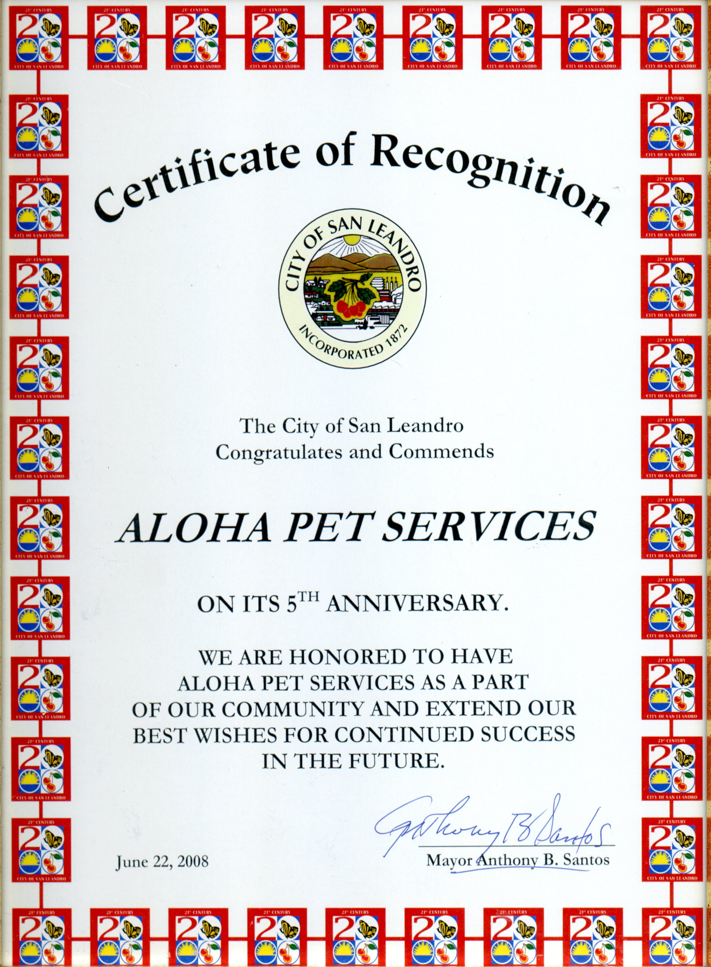 The City of San Leandro 5th Anniversary Certificate of Recognition