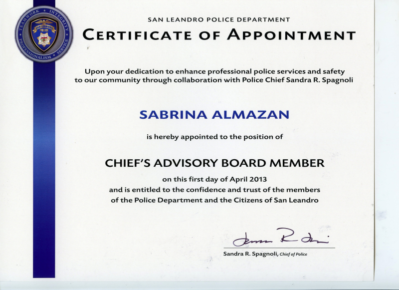 Certificate of Appointment Chiefs Advisory Board