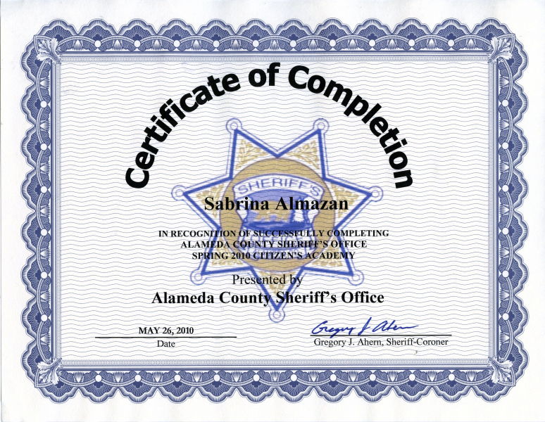 Certificate of Completion Alameda County Sheriffs Citizens Academy