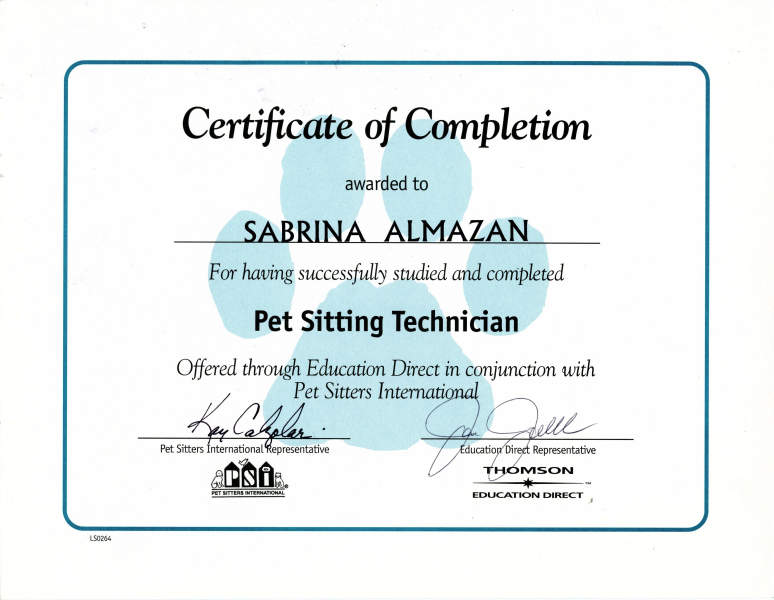 Certificate of Completion PSI Pet Sitting Technician