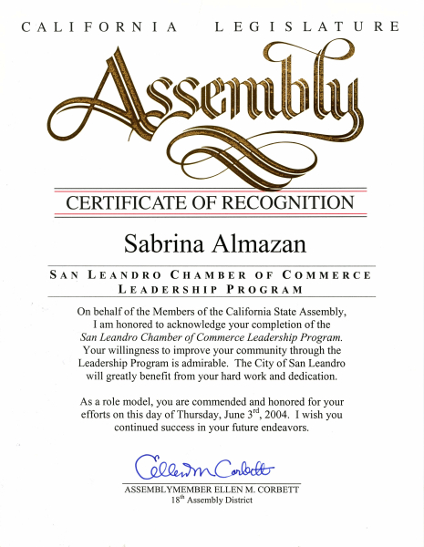 Certificate of Recognition California Assembly Leadership