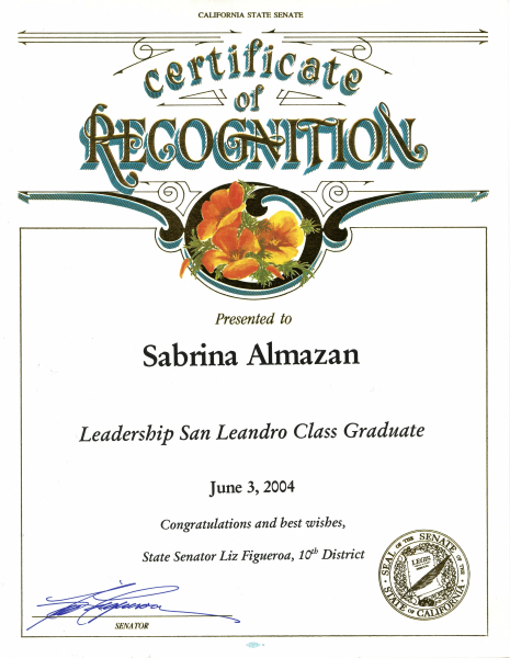 Certificate of Recognition California State Senate Leadership Graduate