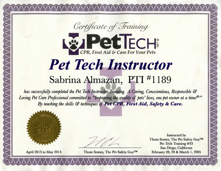 Certificate of Training, PetTech instructor 2013-2014