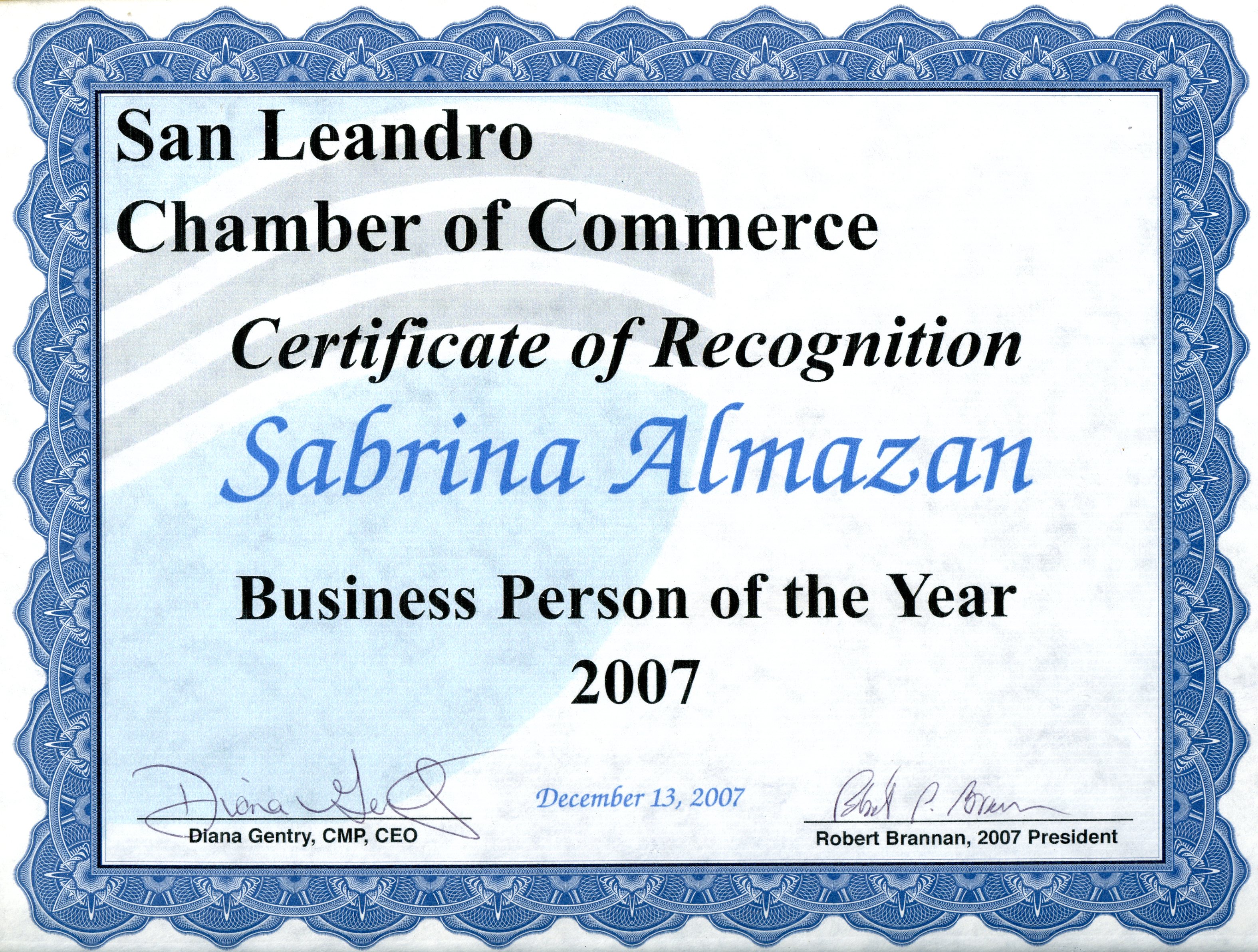 San Leandro Chamber of Commerce, Business Person of the Year 2007